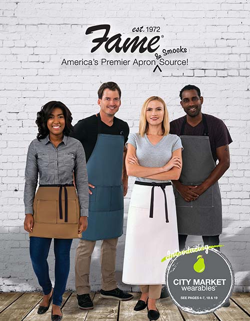 This catalog features the following types of uniforms:  Aprons, Smocks, Vests, Chef Apparel, Women's Chef Apparel, Lab Coats, Coolerz, Mask & Face Shields