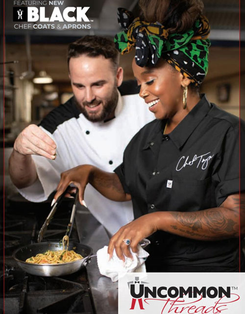 This catalog features the following types of uniforms:  Aprons, Chef Coats, Shirts (utility, server pro-vent), Chef Pants (baggy, cargo executive cut), Chef Hats, Beanies, Skull Caps, Neckerchiefs